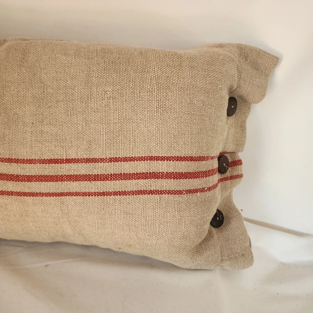 POTTERY BARN RED STRIPE LINEN HEMP FRENCH GRAIN SACK BUTTON PILLOW  16x26